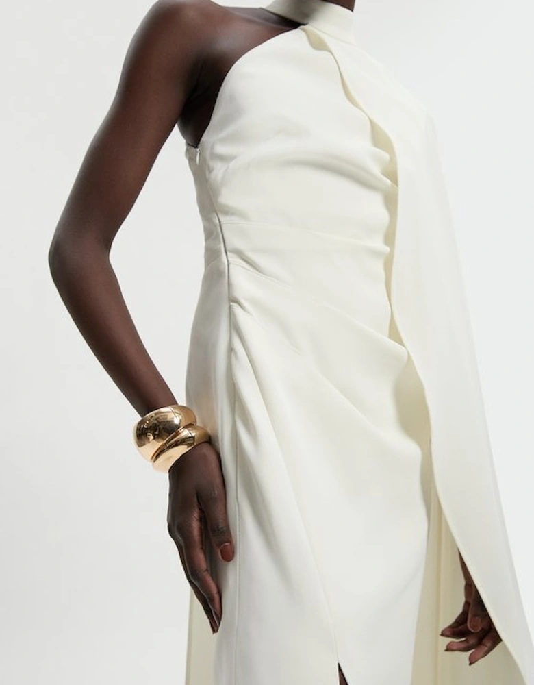 Soft Tailored One Shoulder Cape Sleeve Maxi Dress