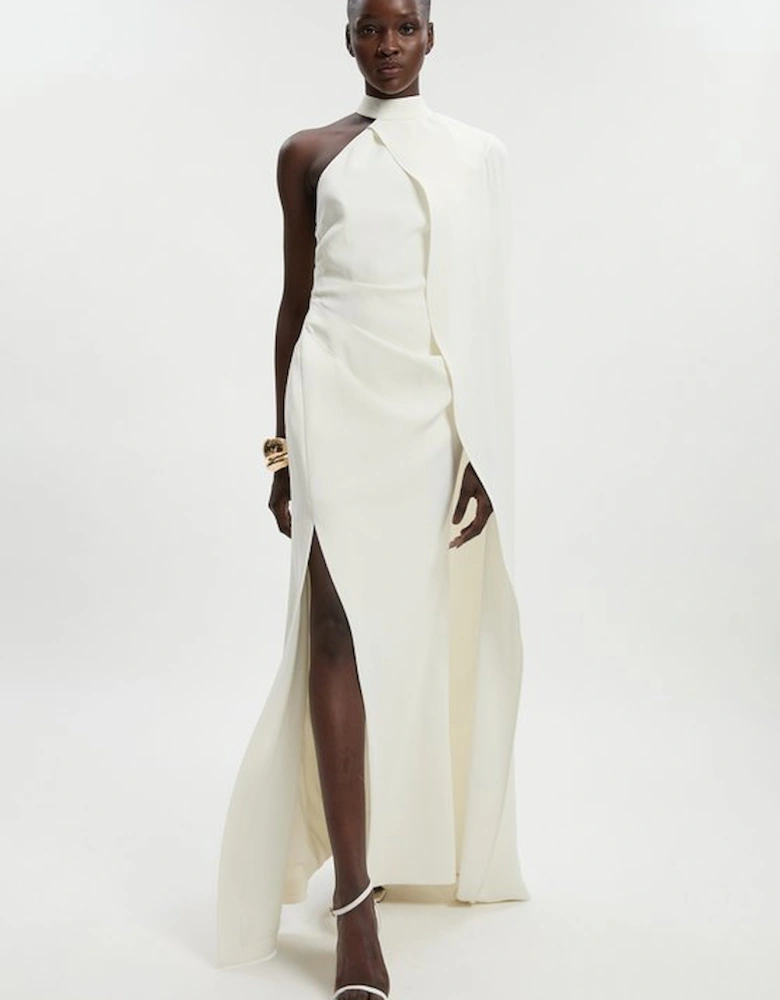 Soft Tailored One Shoulder Cape Sleeve Maxi Dress