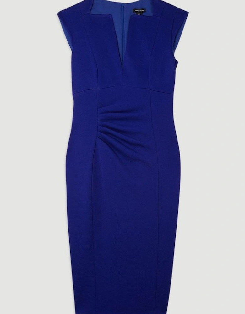 Italian Structured Stretch Tailored Envelope Neck Pencil Midi Dress