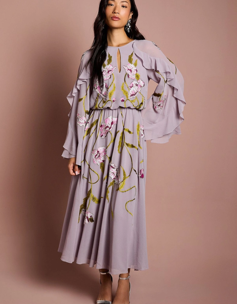 Embroidered Tiered Chiffon Midi Dress