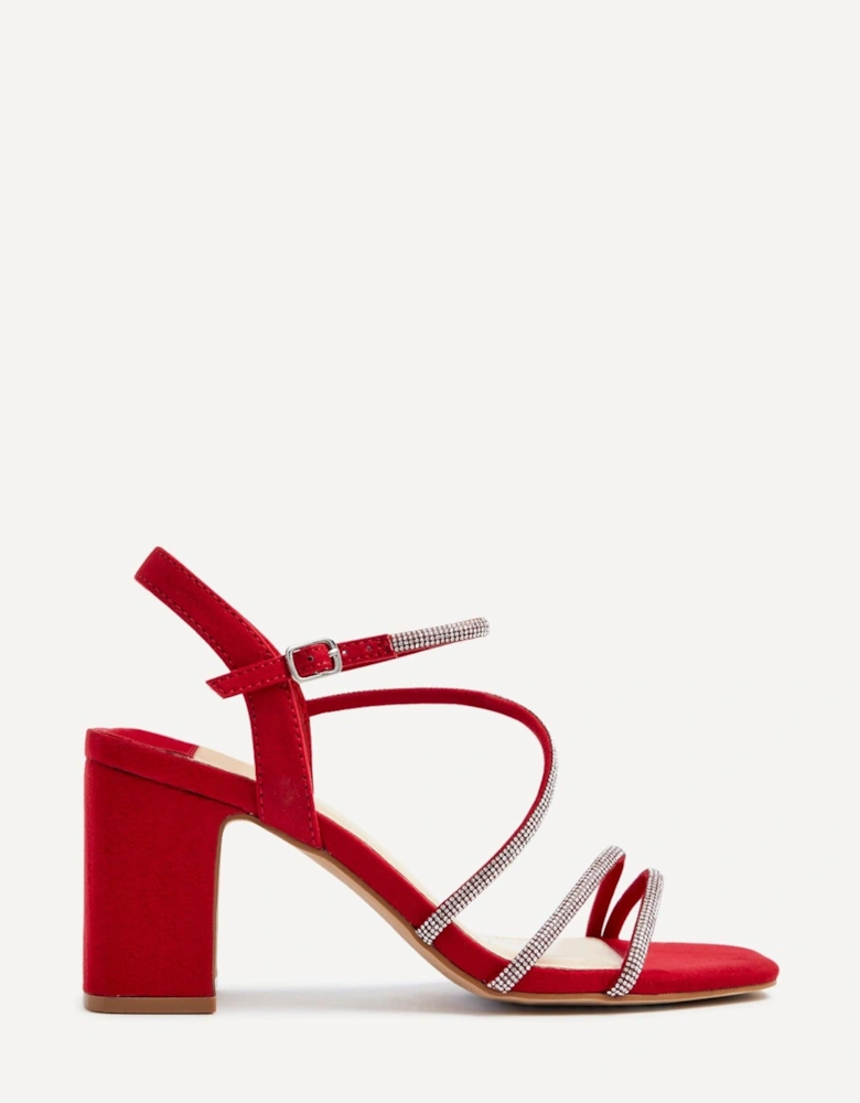 Kira Red Faux Suede Strappy Diamante Block Heel