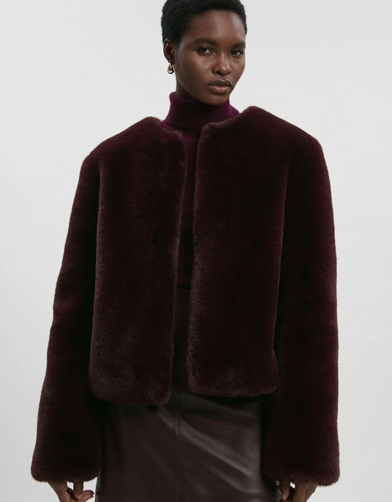 Collarless Faux Fur Jacket