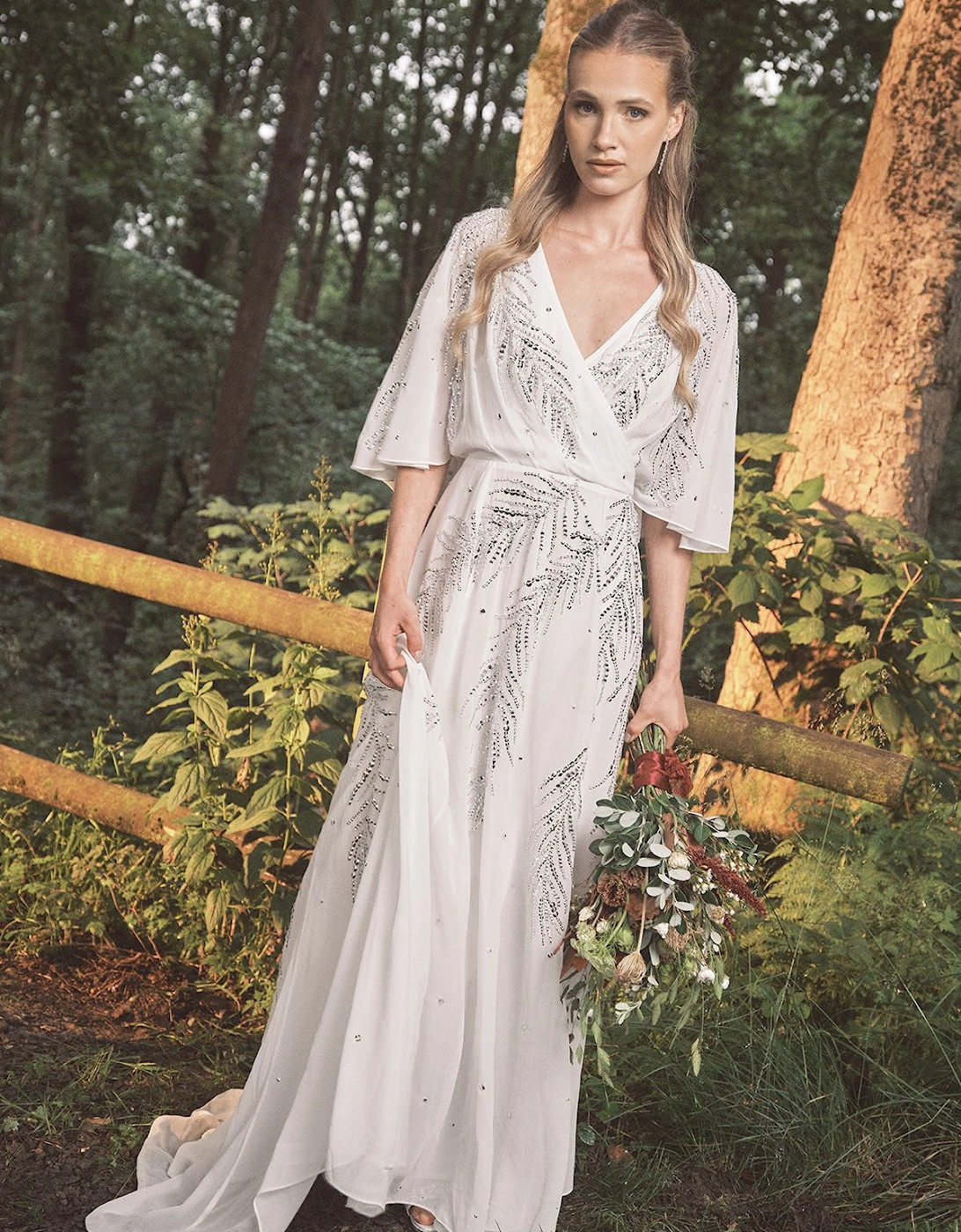 Sequin and Embellished Angel Sleeve Wrap Detail Maxi Wedding Dress with Cape Back, 2 of 1