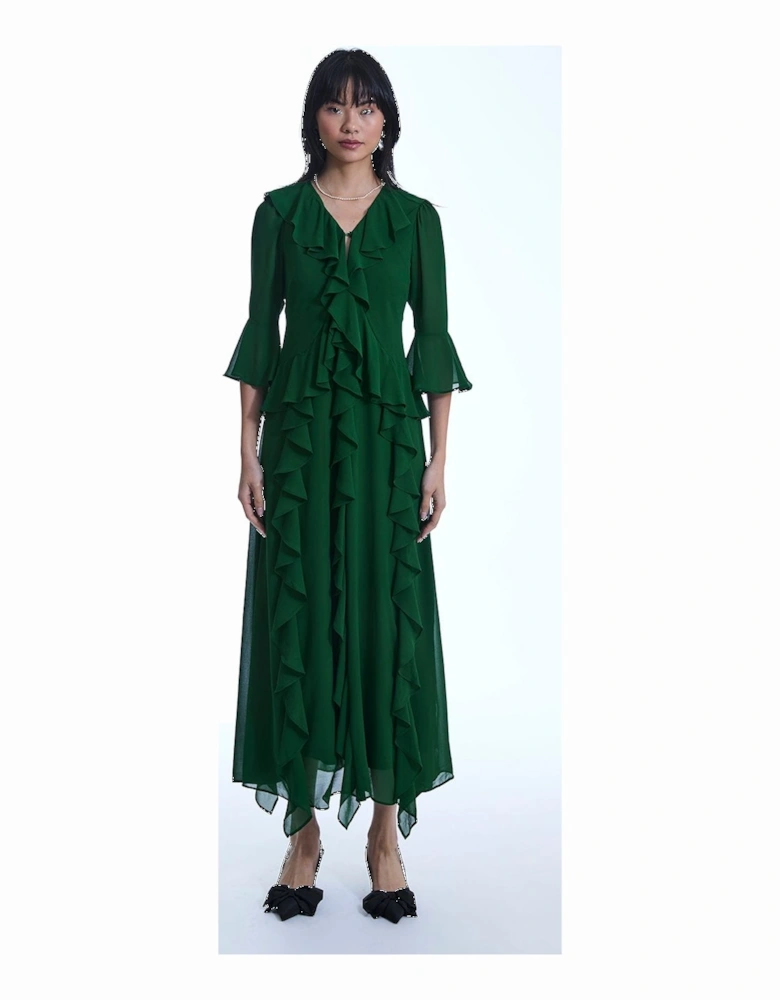 V-Neck Ruffle Green Dress