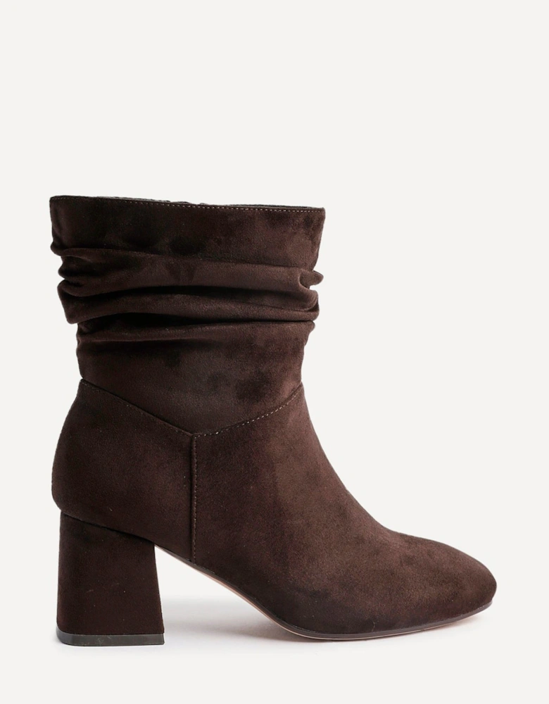 Zayda Wide Fit Brown Faux Suede Ruched Heeled Ankle Boot