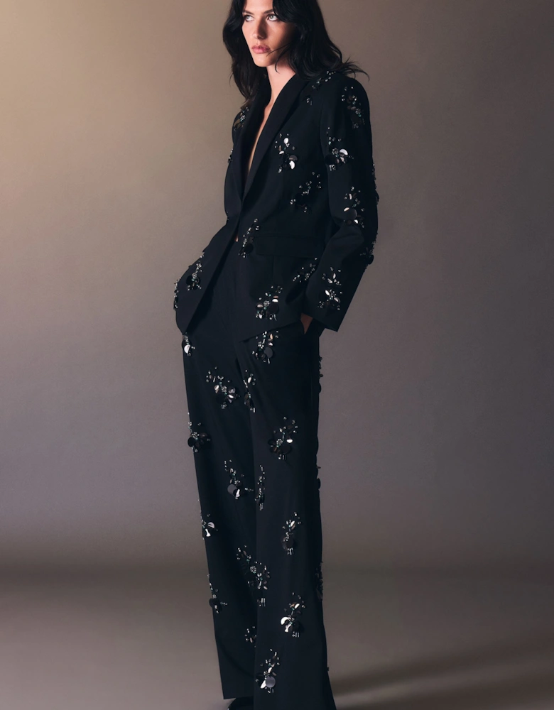 Cluster Sequin & Crystal Embellished Tailored Wide Leg Trouser