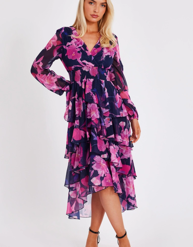 Navy Floral Dip Hem Midaxi Dress