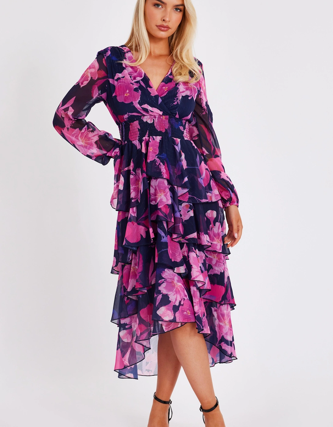 Navy Floral Dip Hem Midaxi Dress, 2 of 1