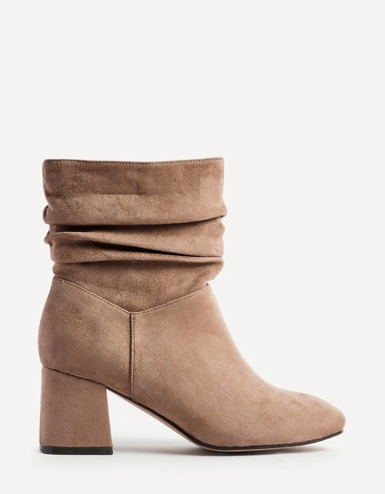 Zayda Wide Fit Mocha Faux Suede Ruched Heeled Ankle Boot