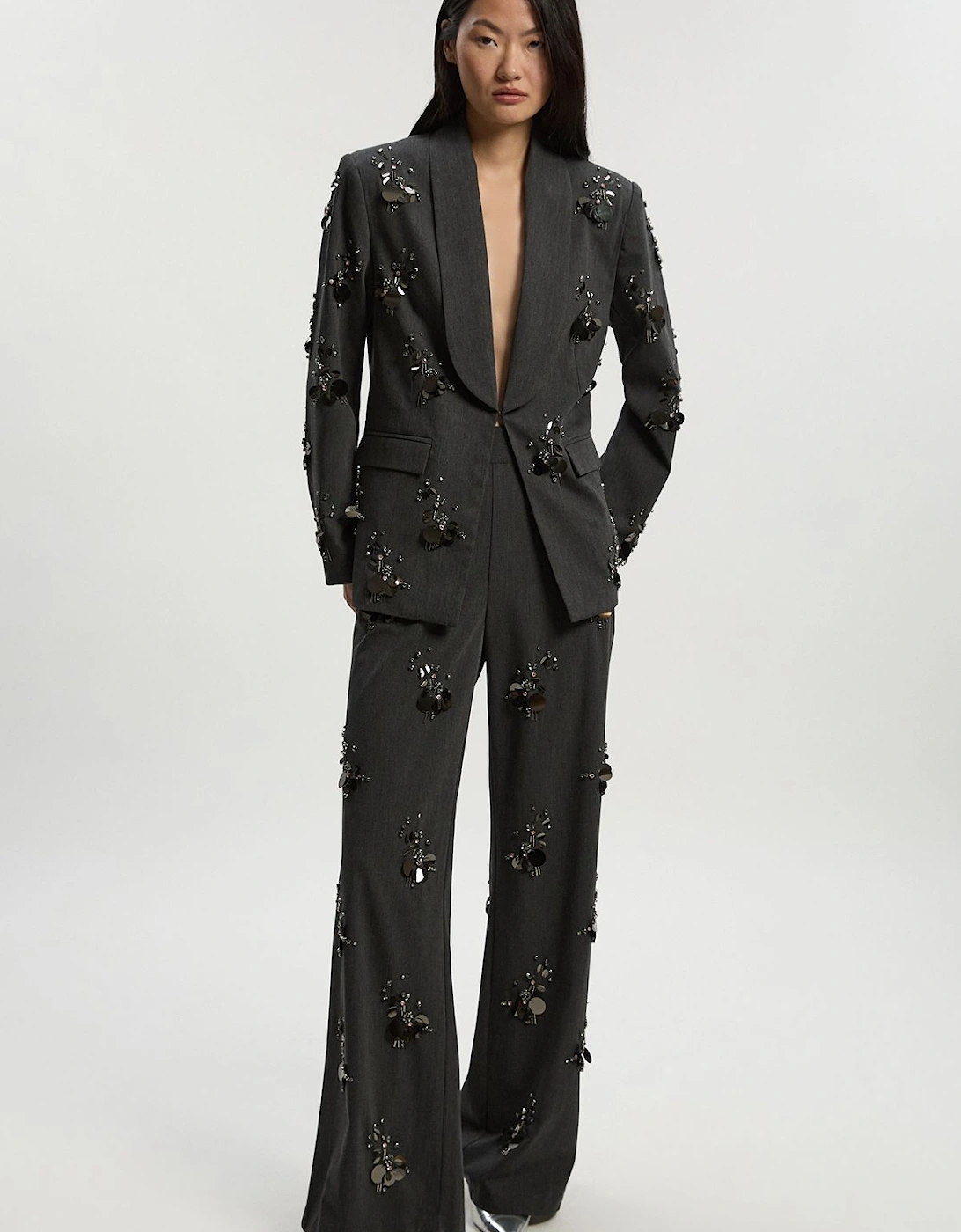 Cluster Sequin & Crystal Embellished Tailored Wide Leg Trouser, 2 of 1