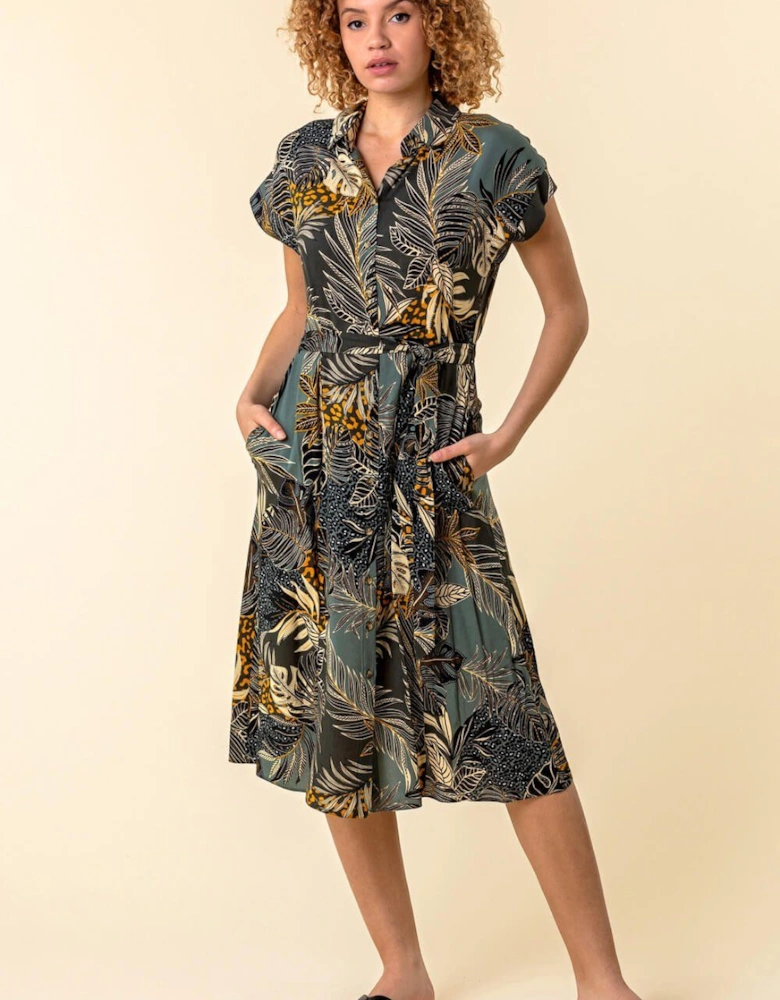 Tropical Leaf Print Shirt Dress