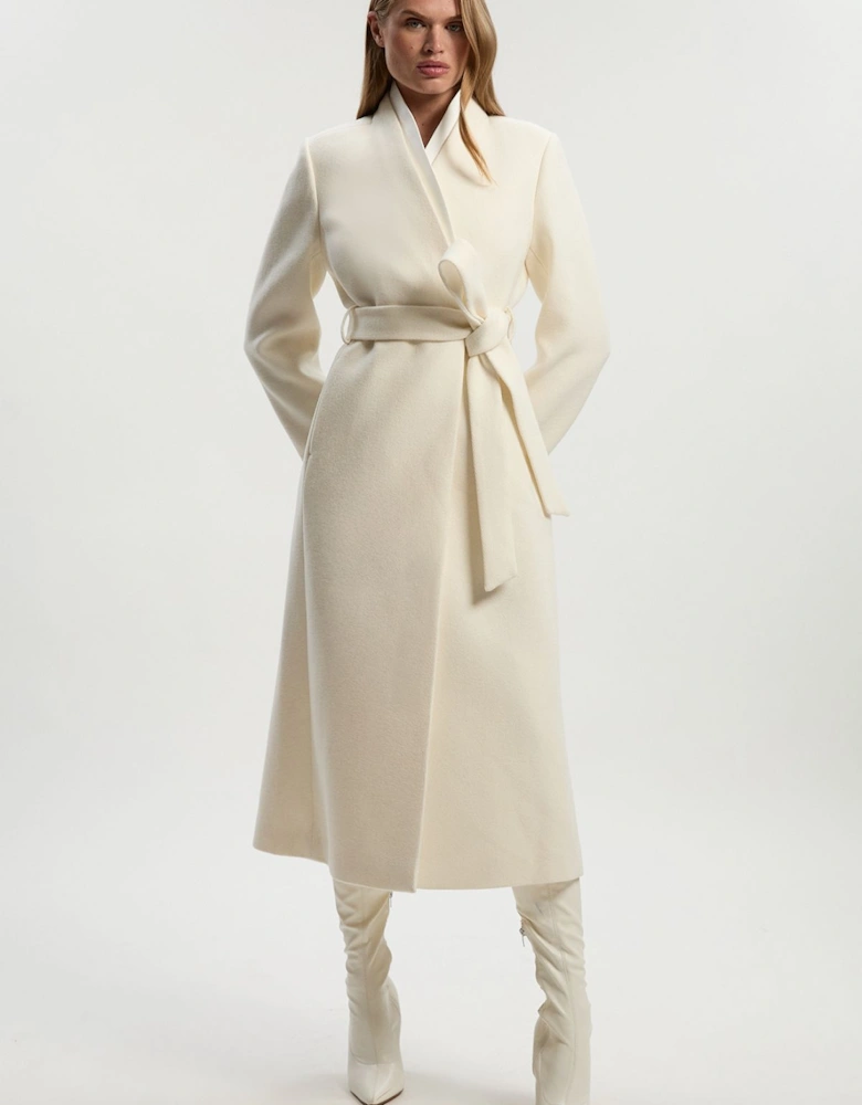 Brushed Wool Satin Mix Belted Wrap Neck Tailored Midi Coat