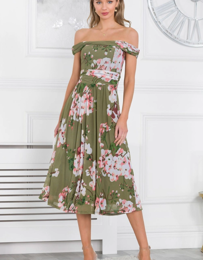 BARDOT NECK MESH MIDI DRESS