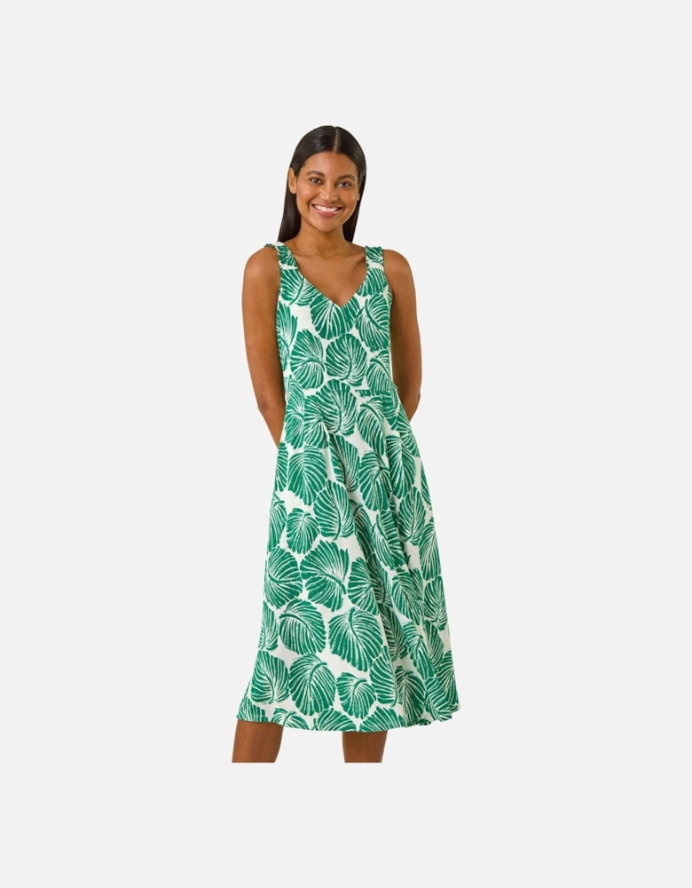 Leaf Print V-Neck Stretch Midi Dress