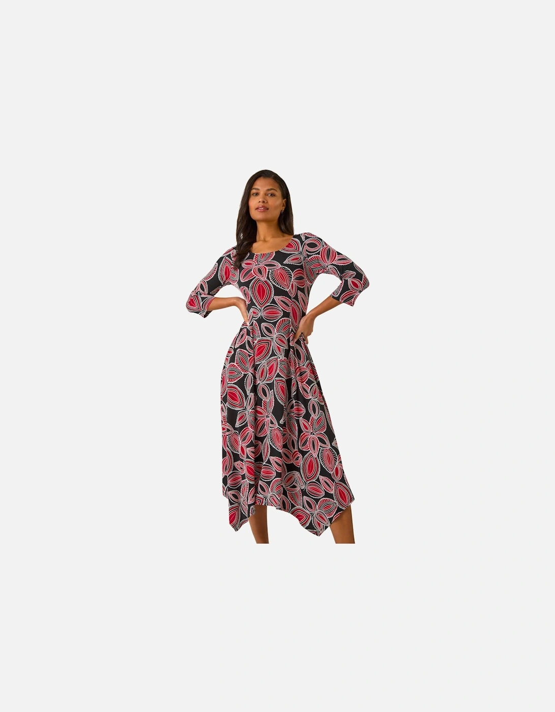 Leaf Print Hanky Hem Stretch Midi Dress, 2 of 1