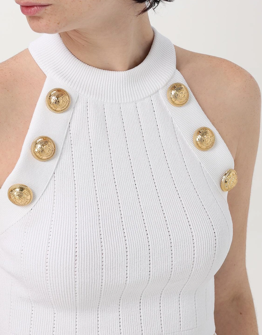 Ribbed Knit Halter Neck Crop Top with Distinctive Button Accents