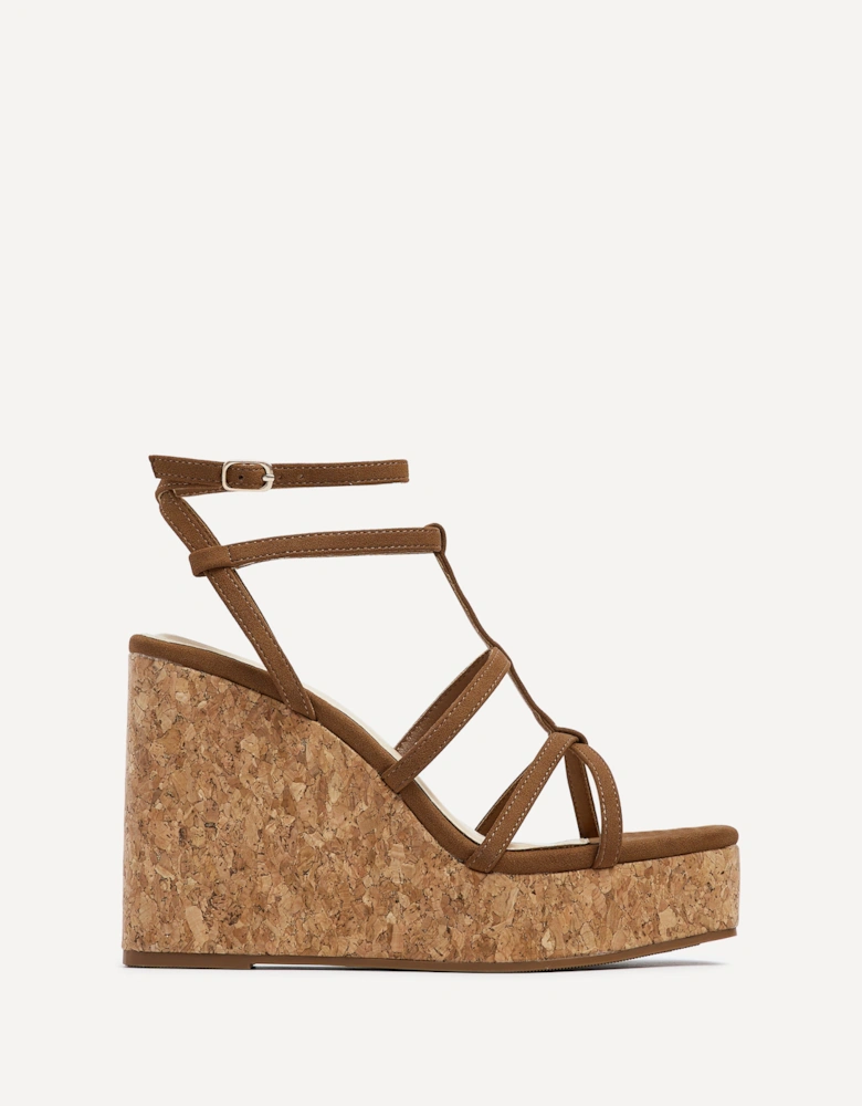 Barbados Tan Faux Suede Square Toe Strappy Cork Wedge