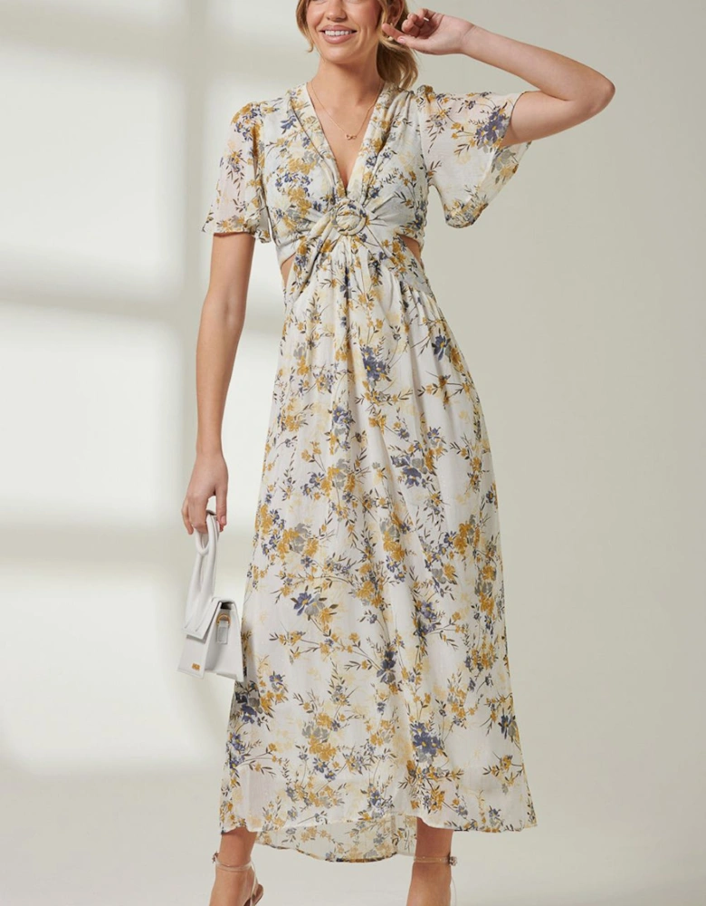 Plunge Neckline Keyhole Chiffon Maxi Dress
