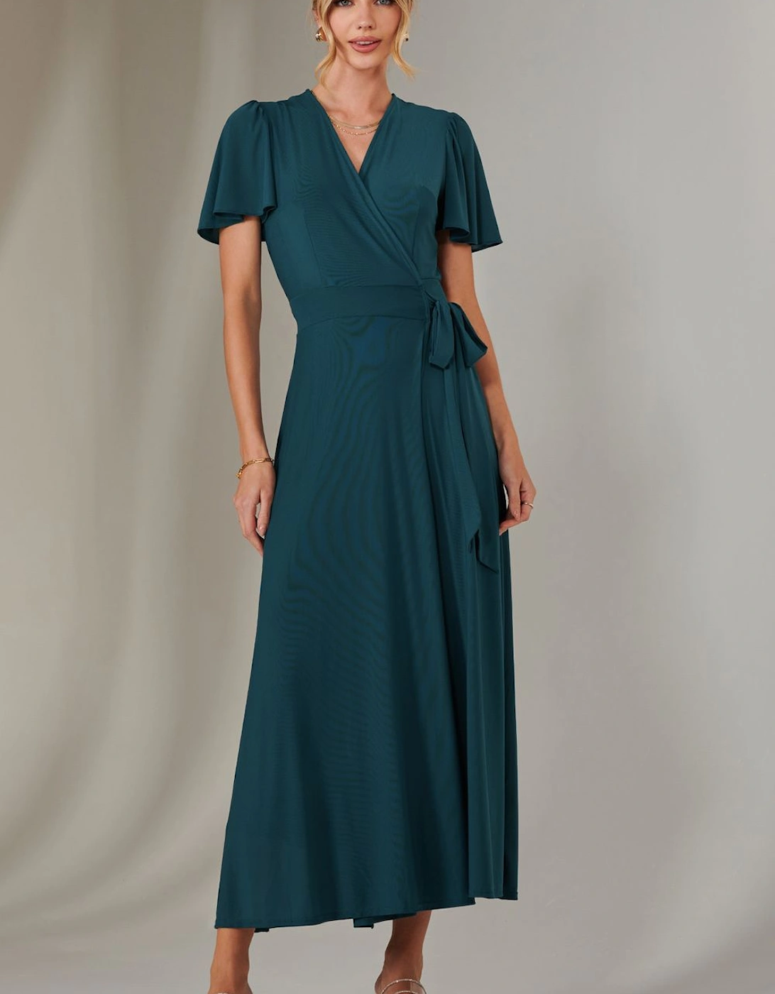 Plain Angel Sleeve Wrapped Maxi Dress, 2 of 1