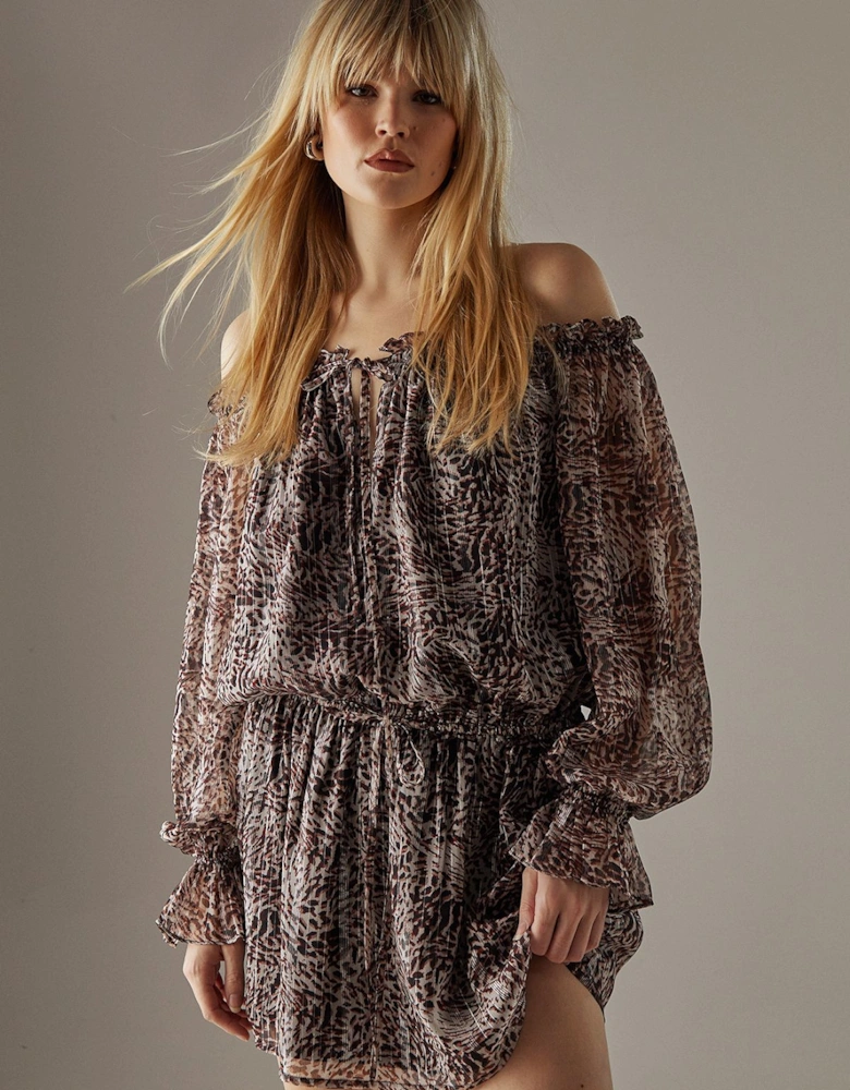 Metallic Chiffon Bardot Drop Waist Mini Dress