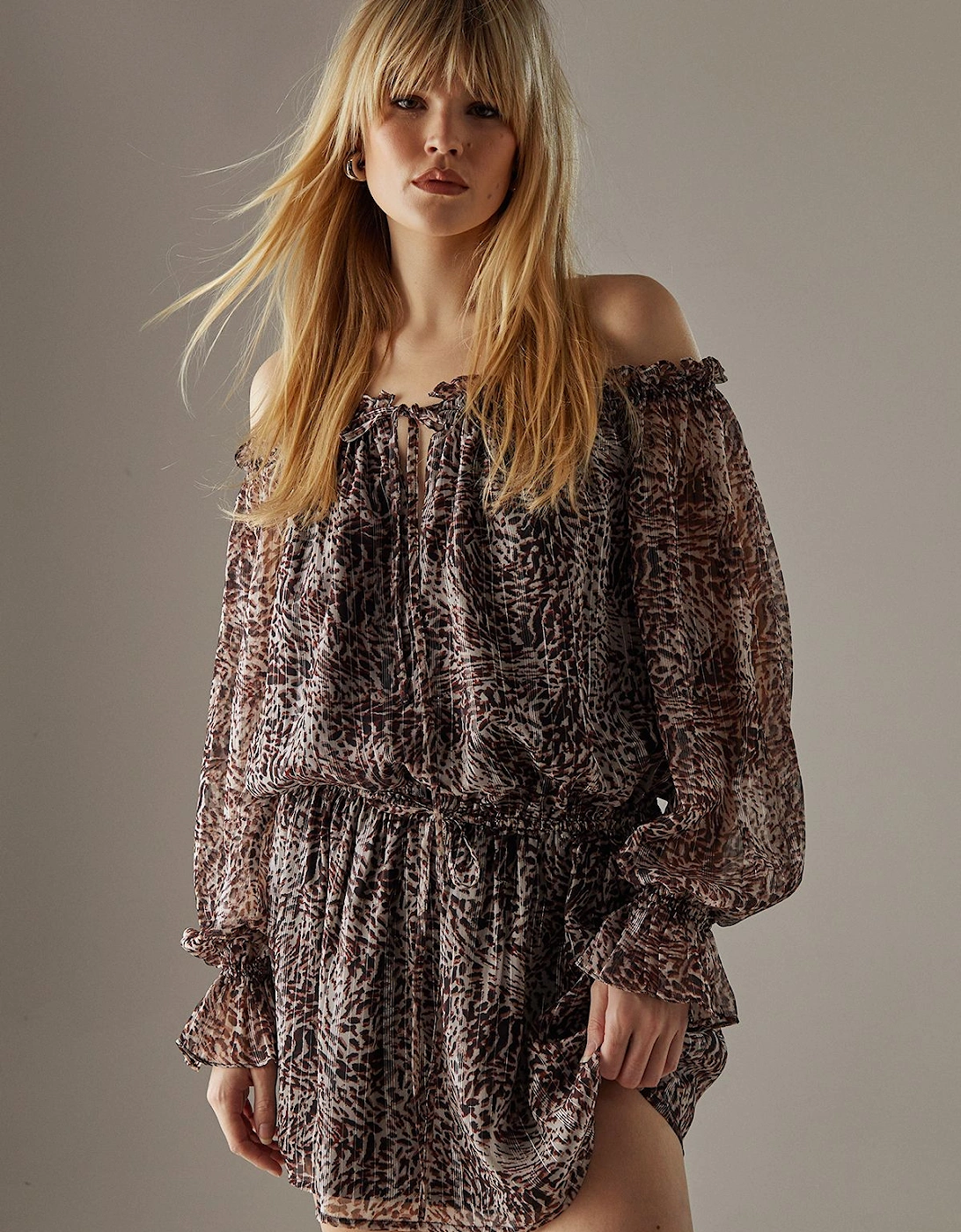 Metallic Chiffon Bardot Drop Waist Mini Dress, 2 of 1