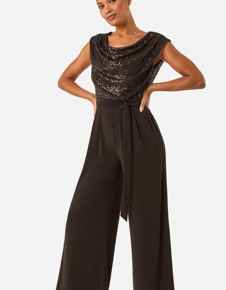 Sequin Bodice Cowl Neck Jumpsuit