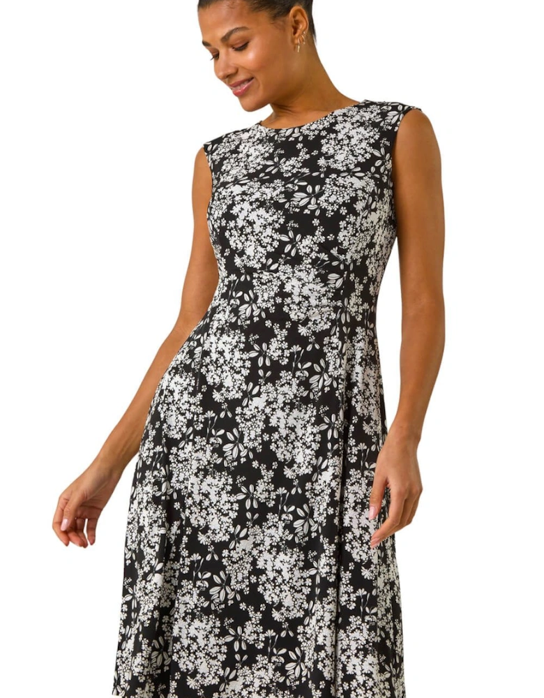 Floral Puff Print Gathered Stretch Midi Dress