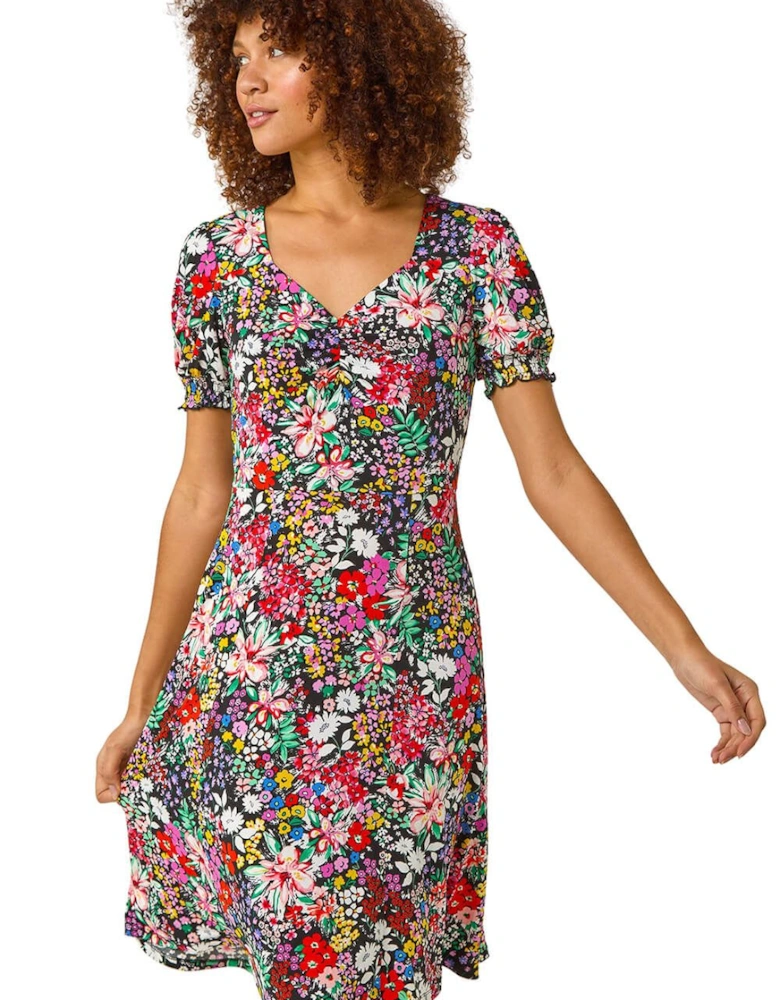 Floral Print Ruched Stretch Dress