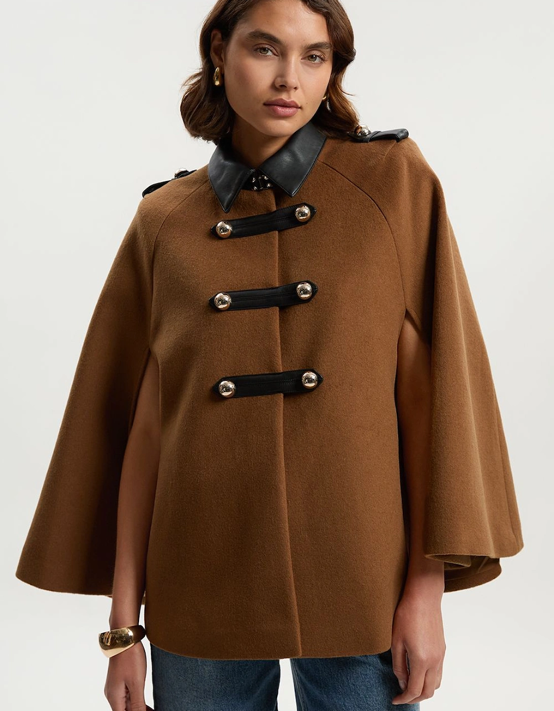 Brushed Wool PU Mix Tailored Cape Short Coat, 2 of 1