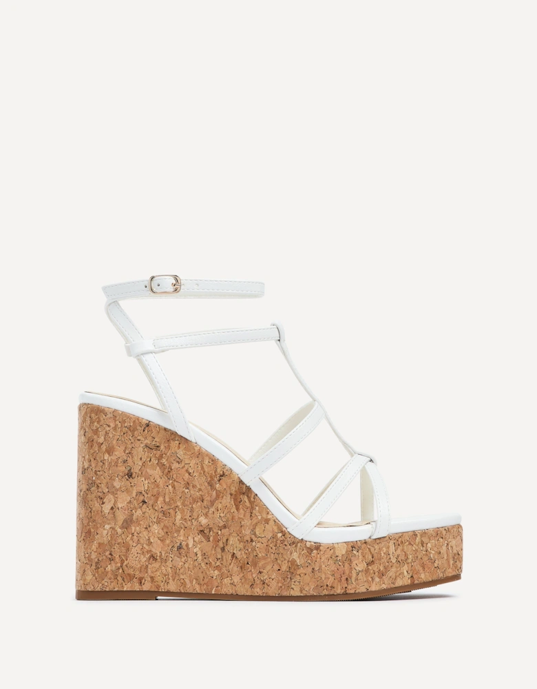 Barbados White Faux Leather Square Toe Strappy Cork Wedge