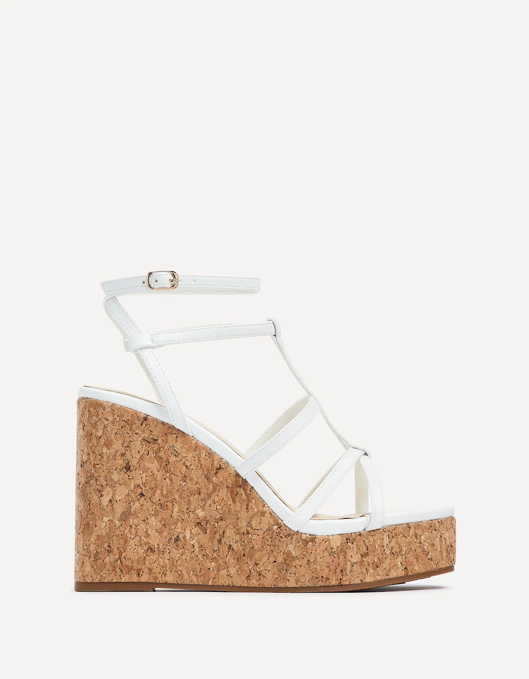 Barbados White Faux Leather Square Toe Strappy Cork Wedge, 2 of 1