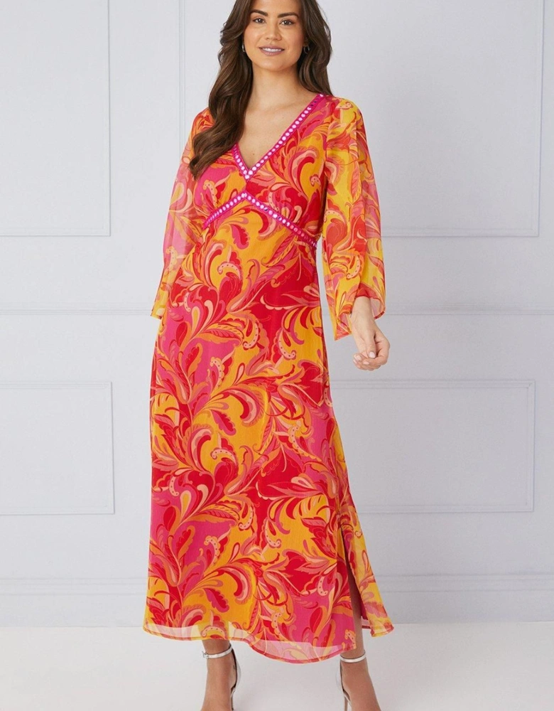 Paisley Print Trim Detail Midaxi Dress
