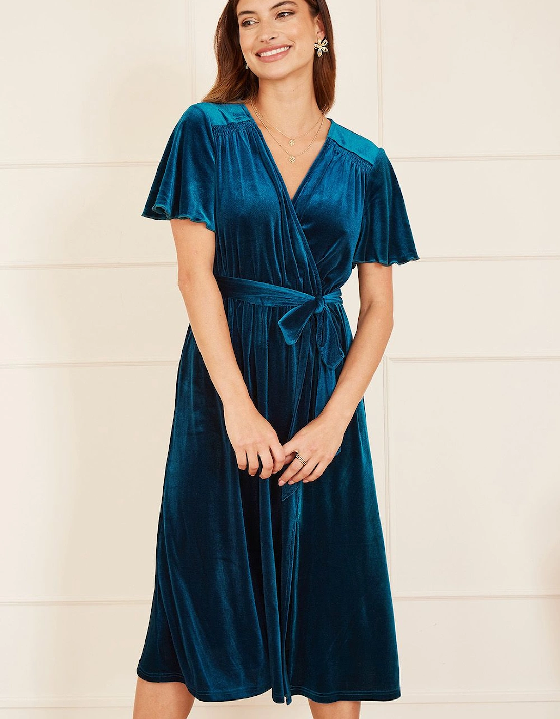 Teal Wrap Over Midi Dress With Angel Sleeves and Split Hem, 2 of 1