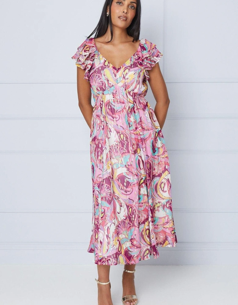 Petite Paisley Metallic Ruffle Shoulder Midi Dress
