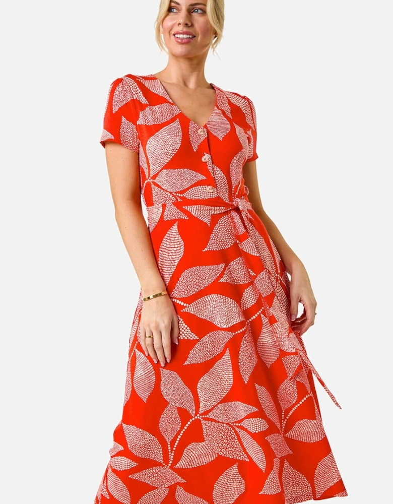 Petite Leaf Tie Waist Midi Dress