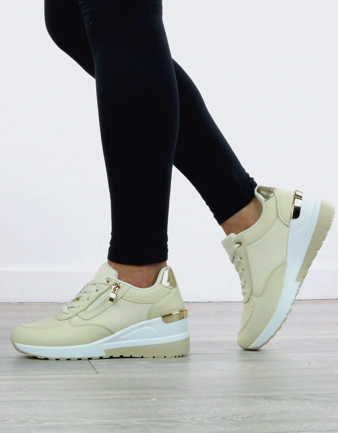 Mid Wedge Heel Gold Trim Lace Up  Trainers, 2 of 1