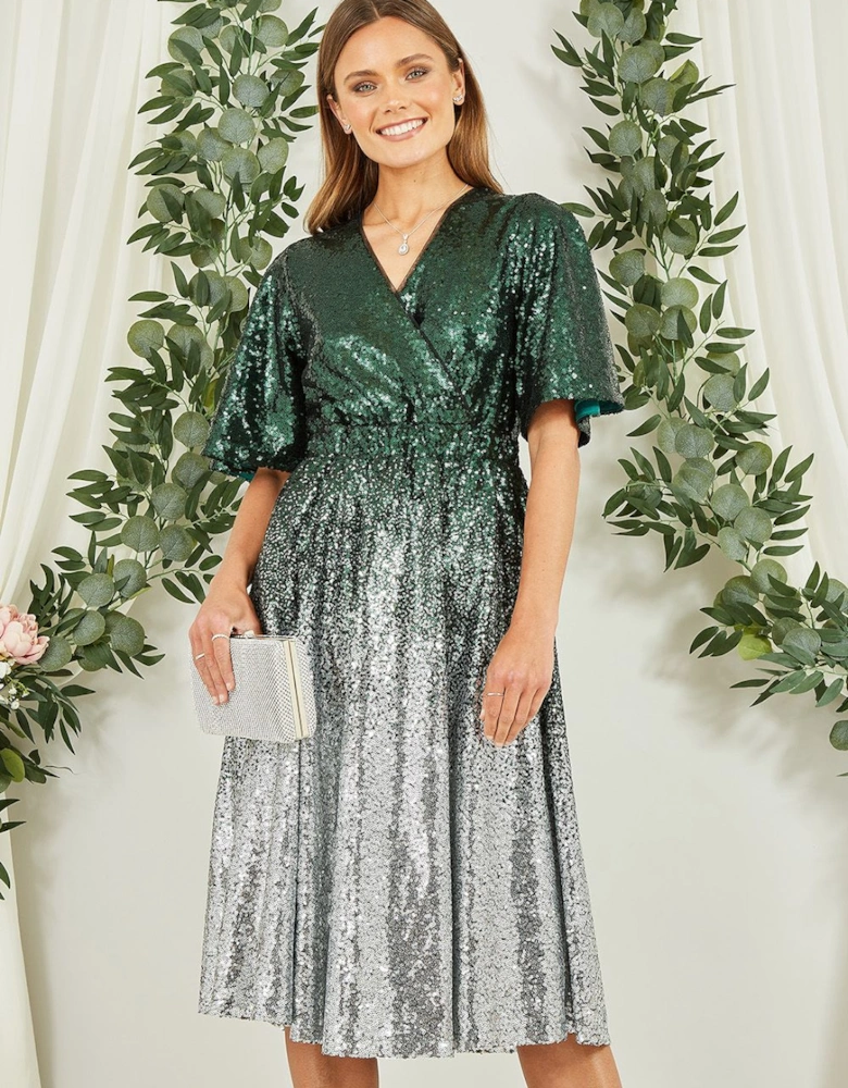 Green and Silver Ombre Sequin Midi Wrap Dress