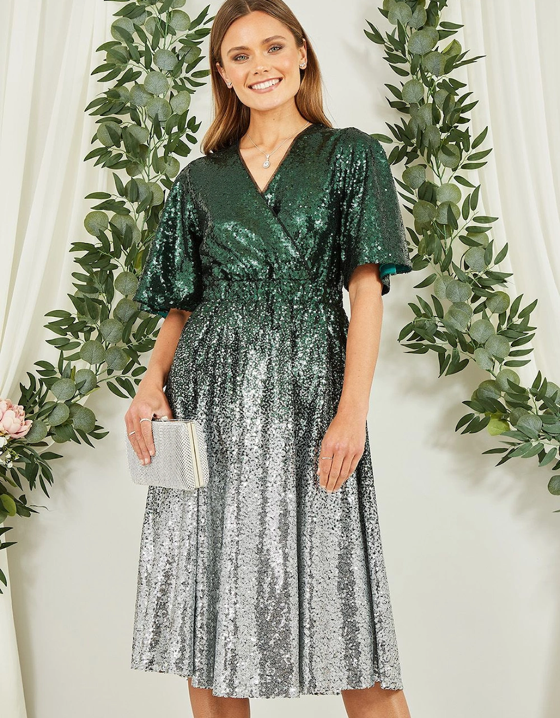 Green and Silver Ombre Sequin Midi Wrap Dress, 2 of 1