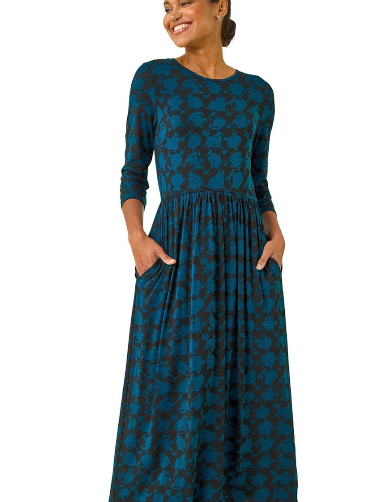 Abstract Print Gathered Stretch Midi Dress