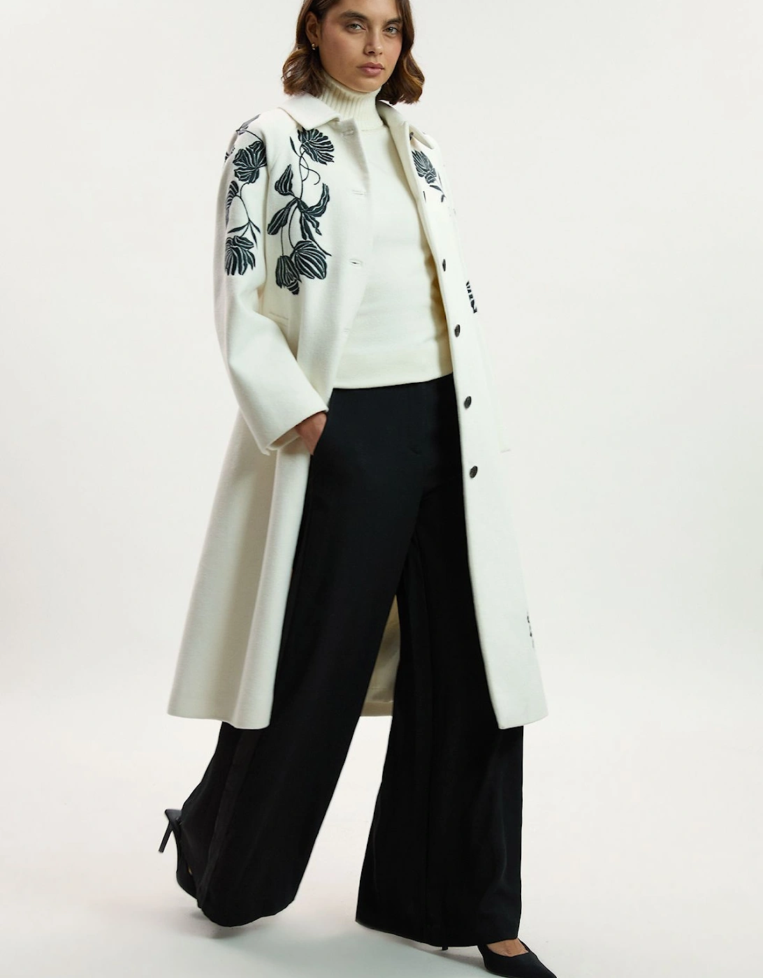 Brushed Wool Placed Embroidery Tailored Midi Coat, 2 of 1