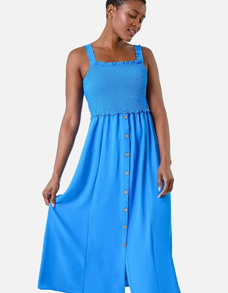 Shirred Button Detail Midi Dress