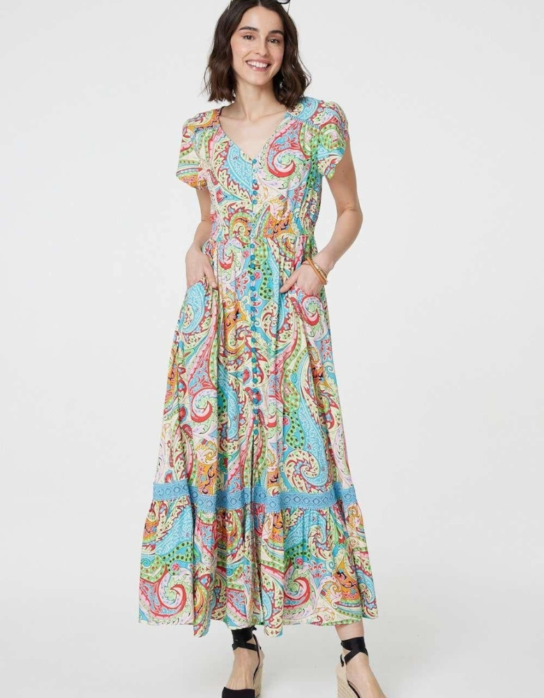 Paisley V-Neck Button Detail Maxi Dress