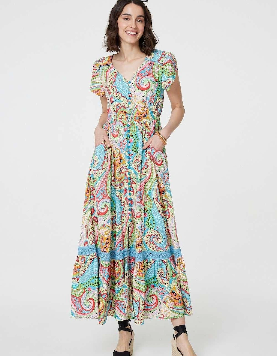 Paisley V-Neck Button Detail Maxi Dress, 2 of 1