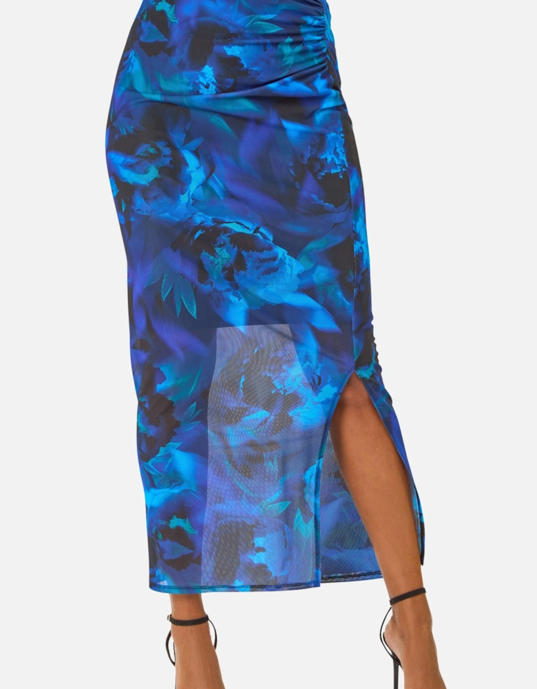 Printed Ruched Mesh Pencil Skirt