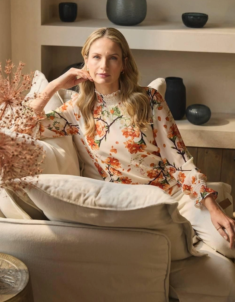 Floral Shirred High Neck Blouse