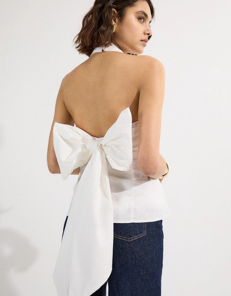 Cotton Poplin Cross Front Halter Neck Blouse With Bow Detail