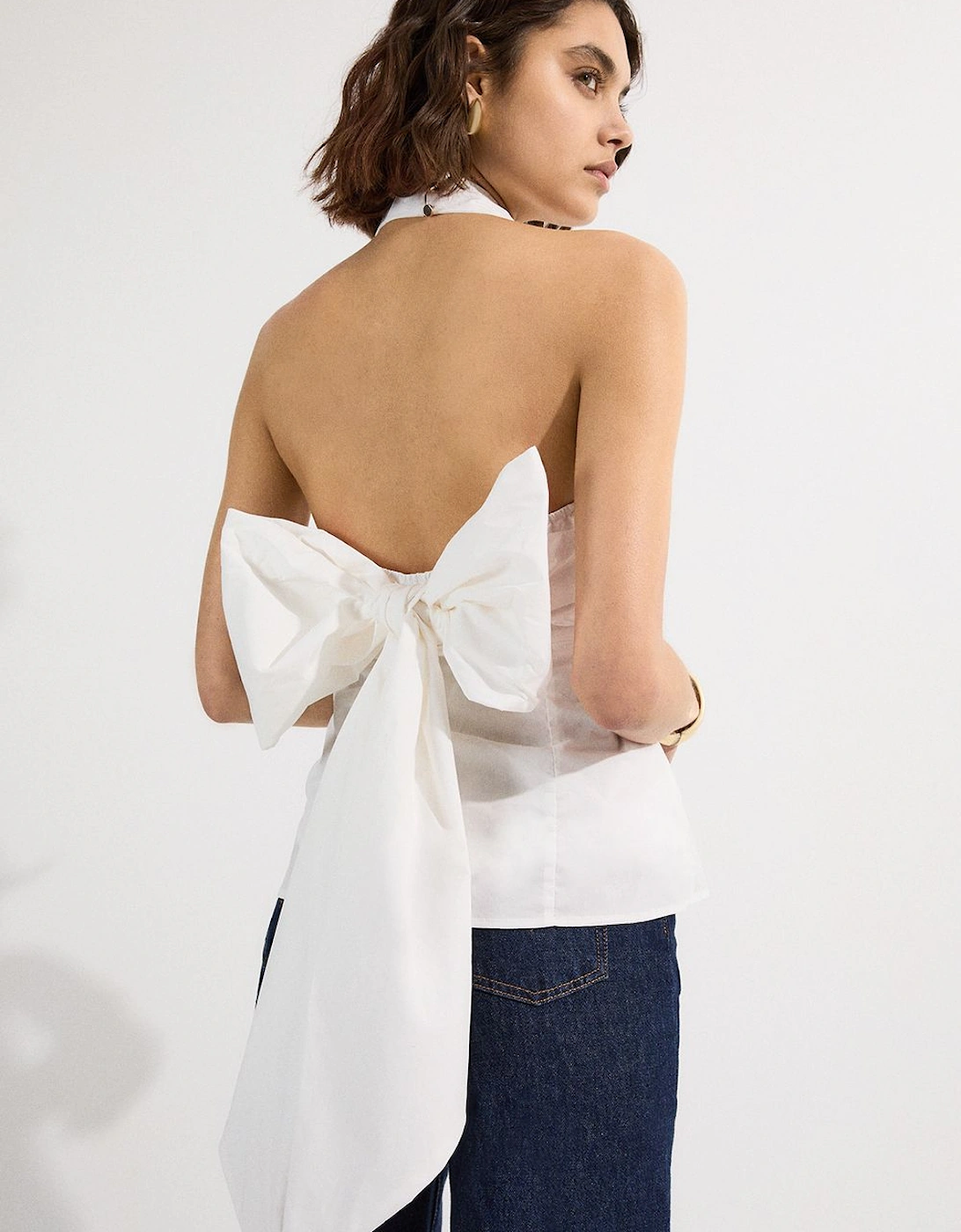 Cotton Poplin Cross Front Halter Neck Blouse With Bow Detail, 2 of 1