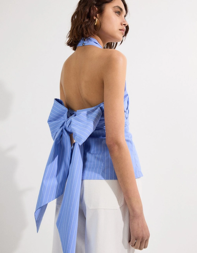 Striped Cotton Poplin Cross Front Halter Neck Blouse With Bow Detail