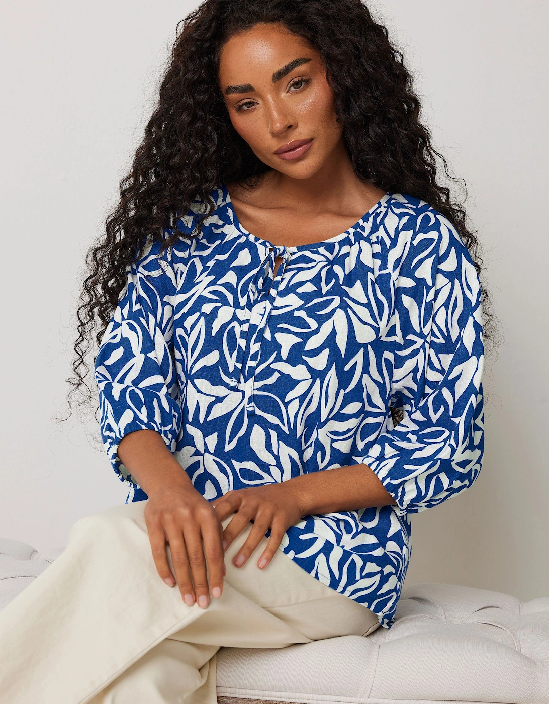 Abstract Print Tie Neck Linen Blouse, 2 of 1