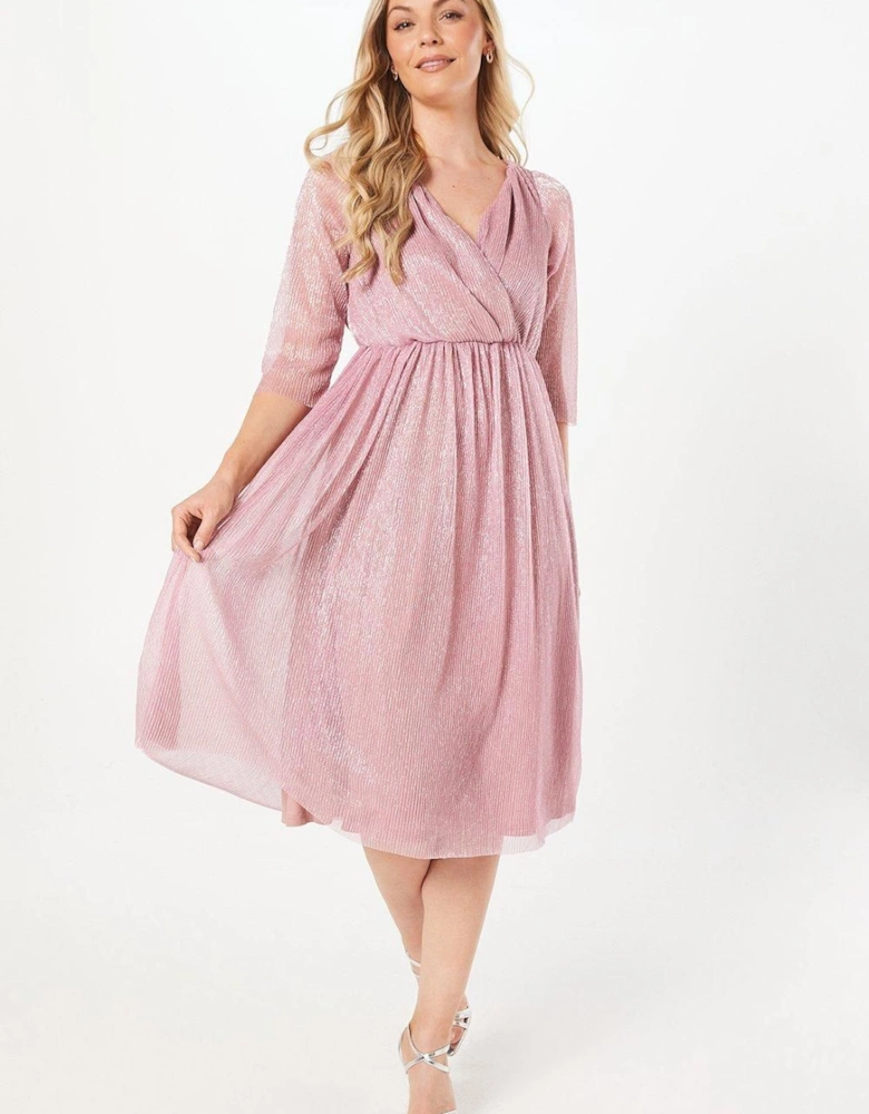 Metallic Plisse Twist Midi Dress